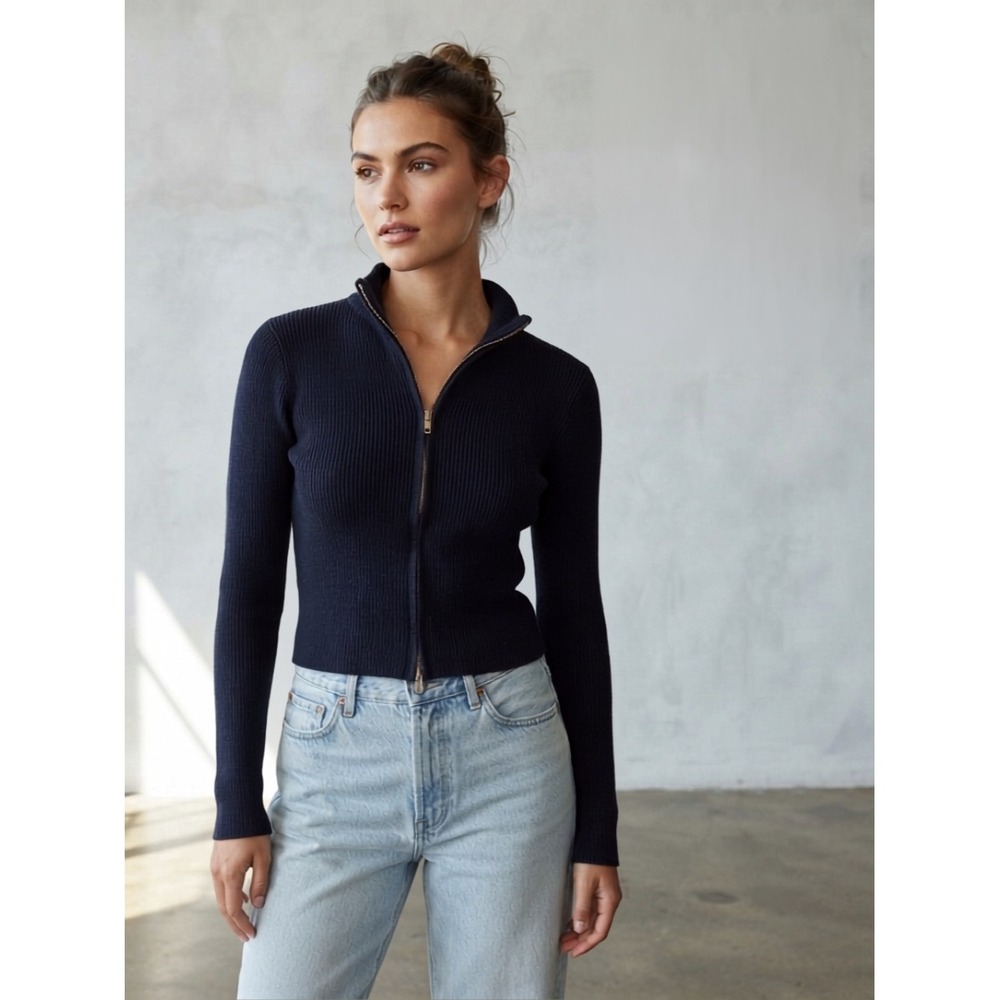 Brandy Melville Navy‎ Ribbed Full Zip Shannon Cardigan Sweater OS